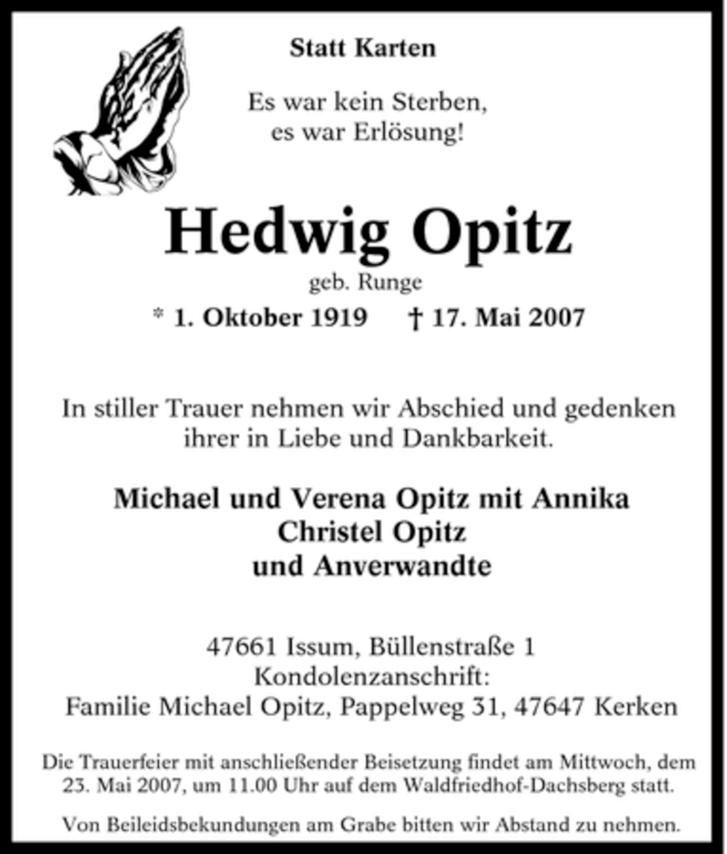 Traueranzeige für Hedwig Opitz vom 19.05.2007 aus Tageszeitung