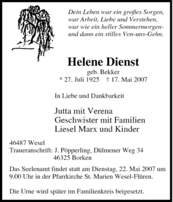 Traueranzeige von Helene Dienst von Tageszeitung