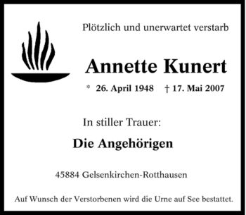 Traueranzeige von Annette Kunert von Tageszeitung