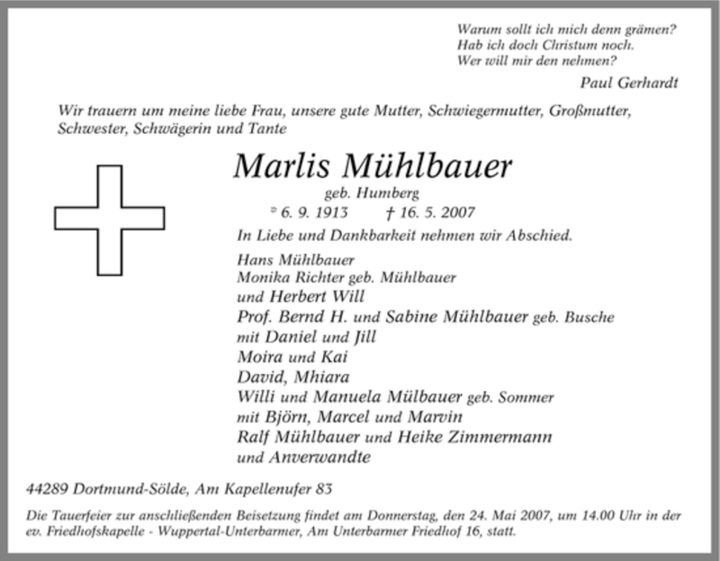  Traueranzeige für Marlis Mühlbauer vom 19.05.2007 aus Tageszeitung