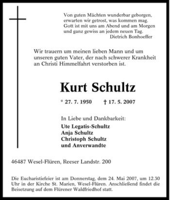 Traueranzeige von Kurt Schultz von Tageszeitung