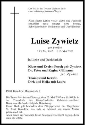 Traueranzeige von Luise Zywietz von Tageszeitung