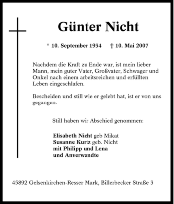 Traueranzeige von Günter Nicht von Tageszeitung
