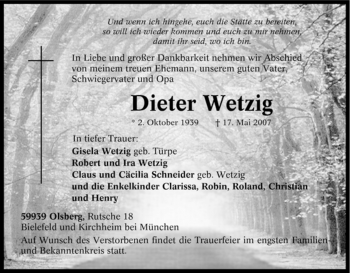 Traueranzeige von Dieter Wetzig von Tageszeitung
