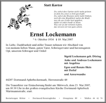 Traueranzeige von Ernst Lockemann von Tageszeitung
