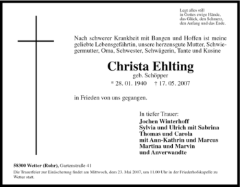 Traueranzeige von Christa Ehlting von Tageszeitung