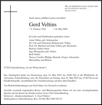 Traueranzeige von Gerd Veltins von Tageszeitung