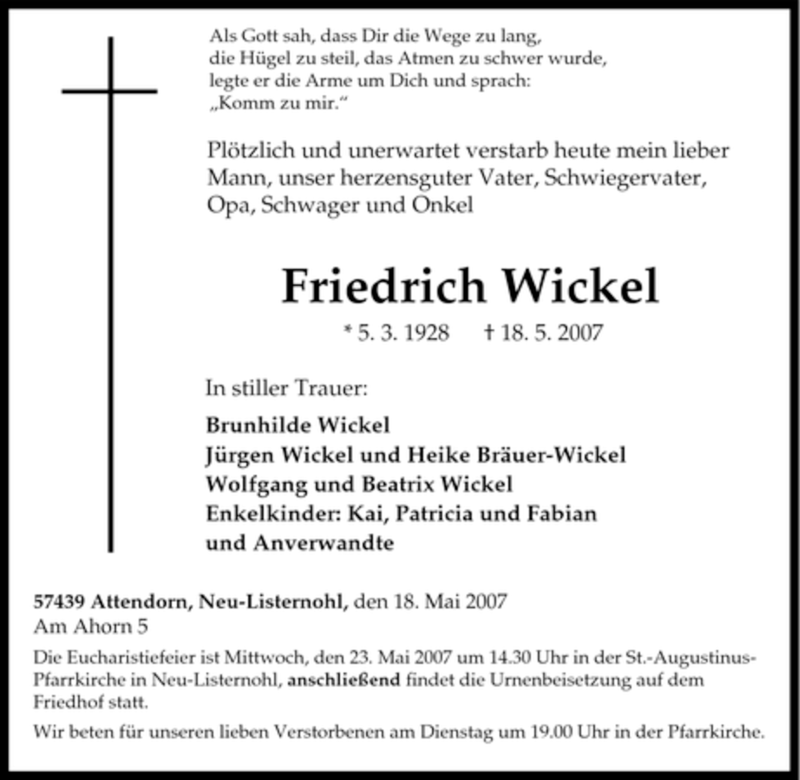  Traueranzeige für Friedrich Wickel vom 19.05.2007 aus Tageszeitung