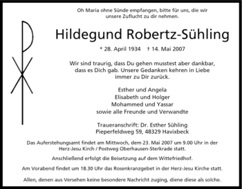 Traueranzeige von Hildegund Robertz-Sühling von Tageszeitung