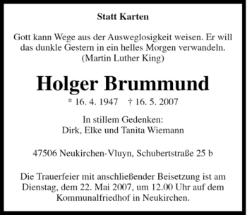 Traueranzeige von Holger Brummund von Tageszeitung