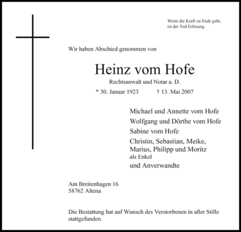  Traueranzeige für Heinz vom Hofe vom 19.05.2007 aus Tageszeitung