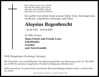 Traueranzeige von Aloysius Regenbrecht von Tageszeitung