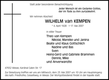 Traueranzeige von Wilhelm van Kempen von Tageszeitung