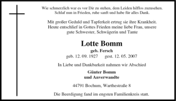 Traueranzeige von Lotte Bomm von Tageszeitung