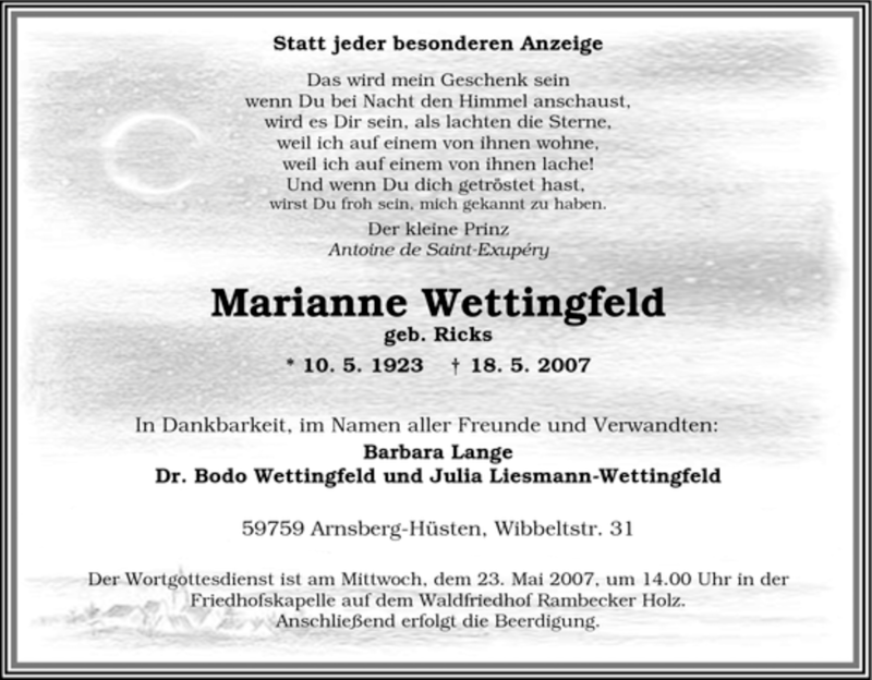  Traueranzeige für Marianne Wettingfeld vom 21.05.2007 aus Tageszeitung