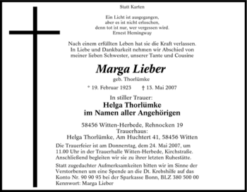Traueranzeige von Marga Lieber von Tageszeitung