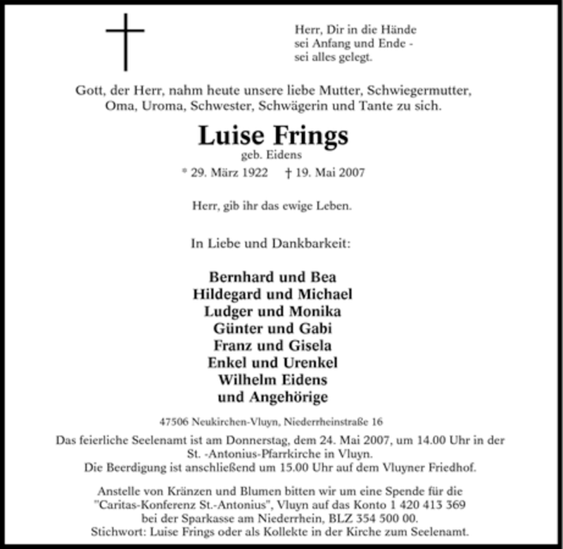  Traueranzeige für Luise Frings vom 21.05.2007 aus Tageszeitung