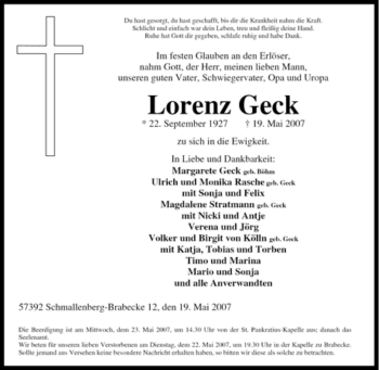 Traueranzeige von Lorenz Geck von Tageszeitung