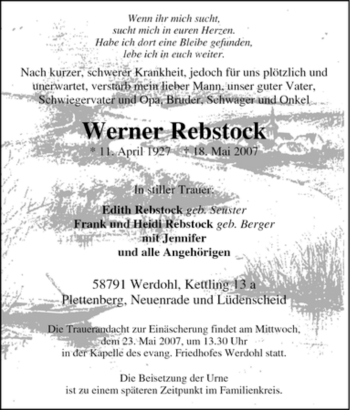 Traueranzeige von Werner Rebstock von Tageszeitung