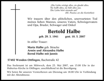 Traueranzeige von Berthold Halbe von Tageszeitung