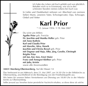 Traueranzeige von Karl Prior von Tageszeitung