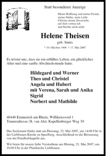 Traueranzeige von Helene Theisen von Tageszeitung
