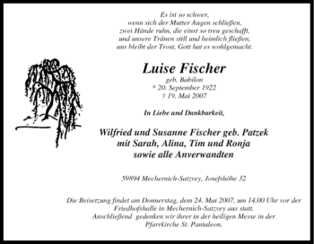 Traueranzeige von Luise Fischer von Tageszeitung