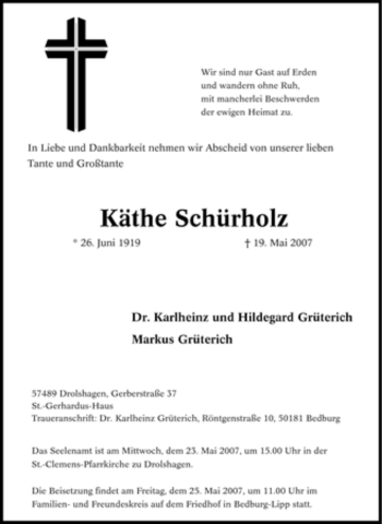 Traueranzeige von Käthe Schürholz von Tageszeitung