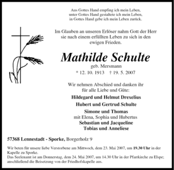 Traueranzeige von Mathilde Schulte von Tageszeitung