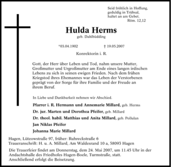Traueranzeige von Hulda Herms von Tageszeitung