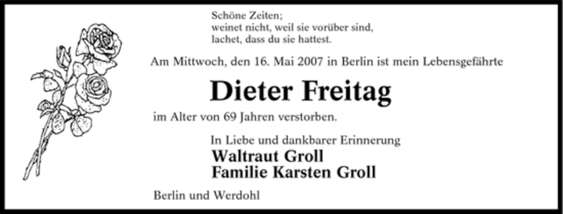  Traueranzeige für Dieter Freitag vom 21.05.2007 aus Tageszeitung