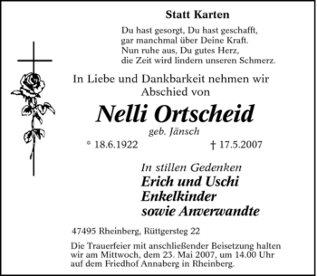 Traueranzeige von Nelli Ortscheid von Tageszeitung