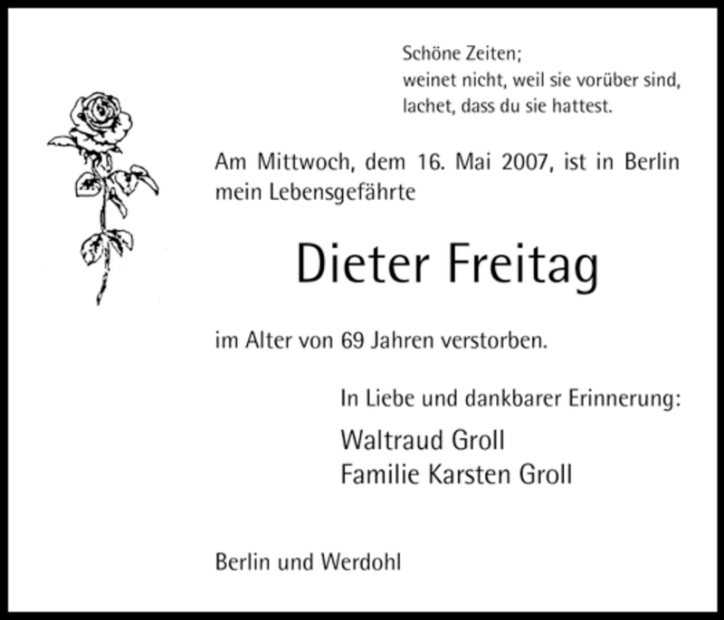  Traueranzeige für Dieter Freitag vom 21.05.2007 aus Tageszeitung