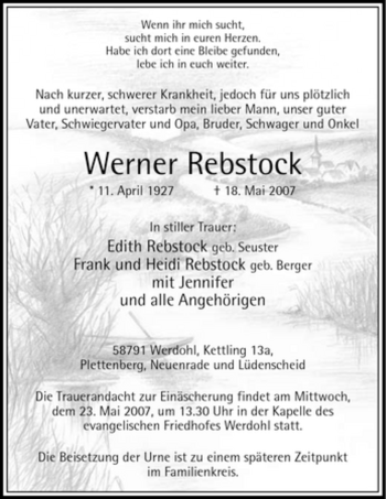 Traueranzeige von Werner Rebstock von Tageszeitung
