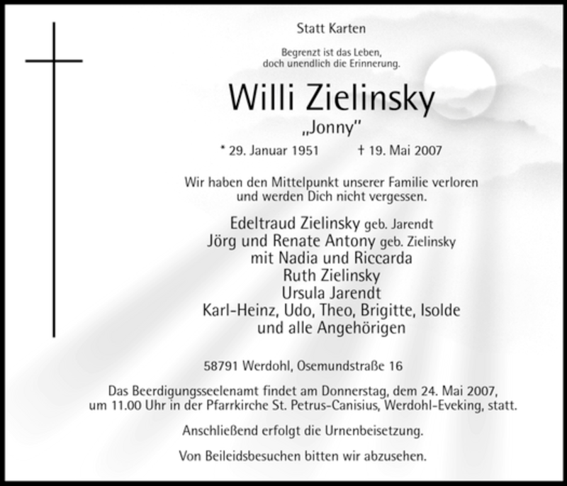  Traueranzeige für Willi Zielinsky vom 21.05.2007 aus Tageszeitung