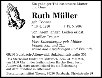 Traueranzeige von Ruth Müller von Tageszeitung