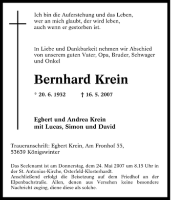 Traueranzeige von Bernhard Krein von Tageszeitung