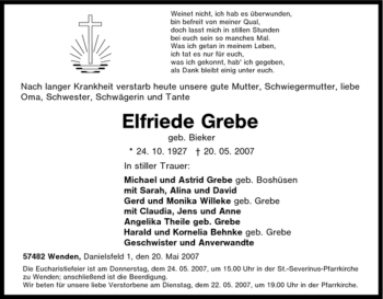Traueranzeige von Elfriede Grebe von Tageszeitung