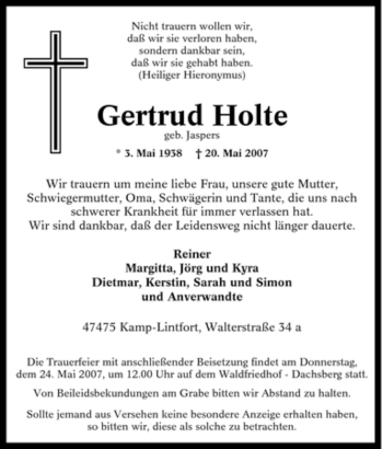 Traueranzeige von Gertrud Holte von Tageszeitung