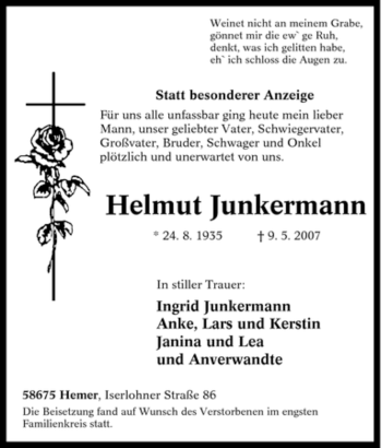 Traueranzeige von Helmut Junkermann von Tageszeitung
