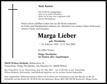 Traueranzeige von Marga Lieber von Tageszeitung