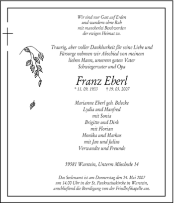 Traueranzeige von Franz Eberl von Tageszeitung