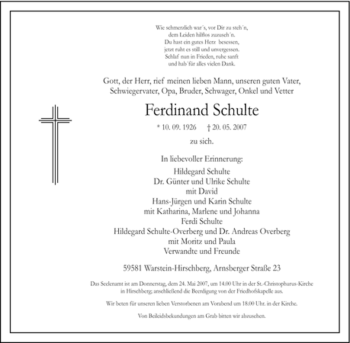 Traueranzeige von Ferd inand Schulte von Tageszeitung