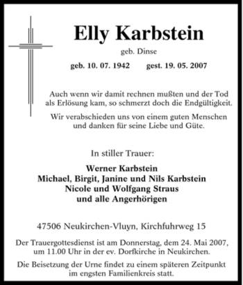 Traueranzeige von Elly Karbstein von Tageszeitung