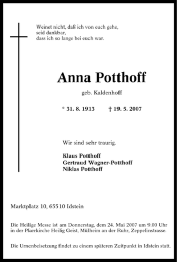 Traueranzeige von Anna Potthoff von Tageszeitung