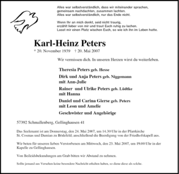Traueranzeige von Karl-Heinz Peters von Tageszeitung