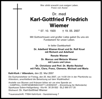 Traueranzeige von Karl-Gottfried Friedrich von Tageszeitung