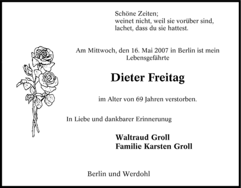  Traueranzeige für Dieter Freitag vom 22.05.2007 aus Tageszeitung