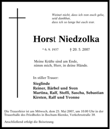 Traueranzeige von Horst Niedzolka von Tageszeitung