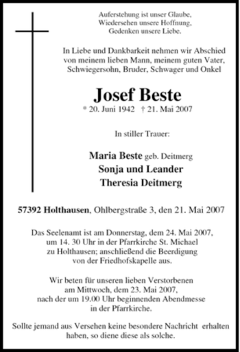 Traueranzeige von Josef Beste von Tageszeitung